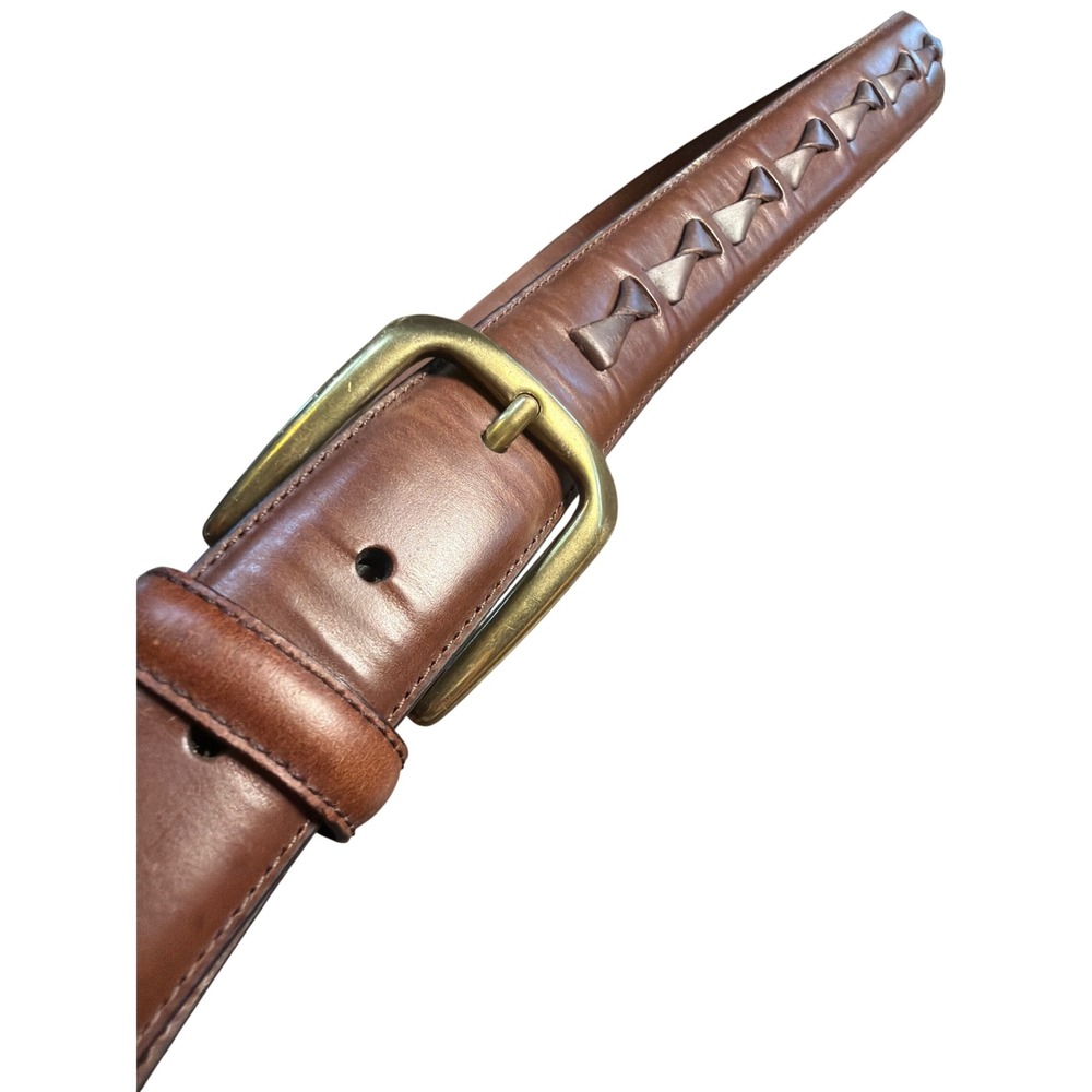 Mens Brown Full Grain Cowhide Leather Belt Size‎ 54 Woven Overlay Gold Buckle